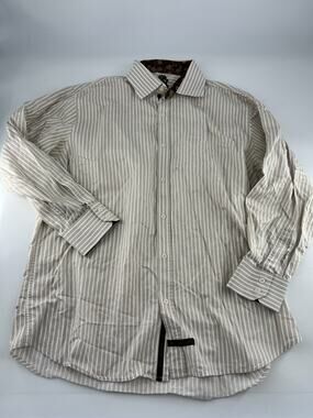English Laundry Mens 17.5 32/33 Tan White Striped Shirt Preppy Career Core Ivy